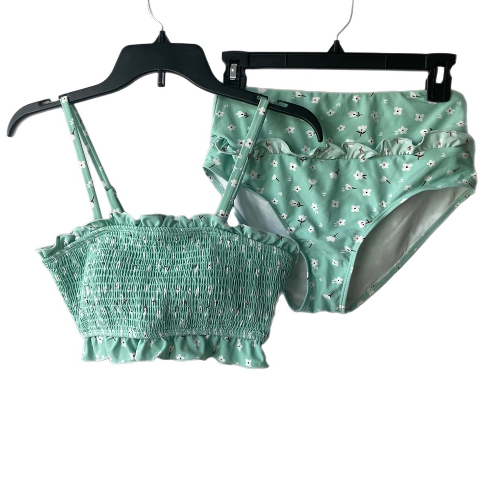 Brand New High Waist 2-Piece Swimsuit with Smocked Bandeau Top Size S